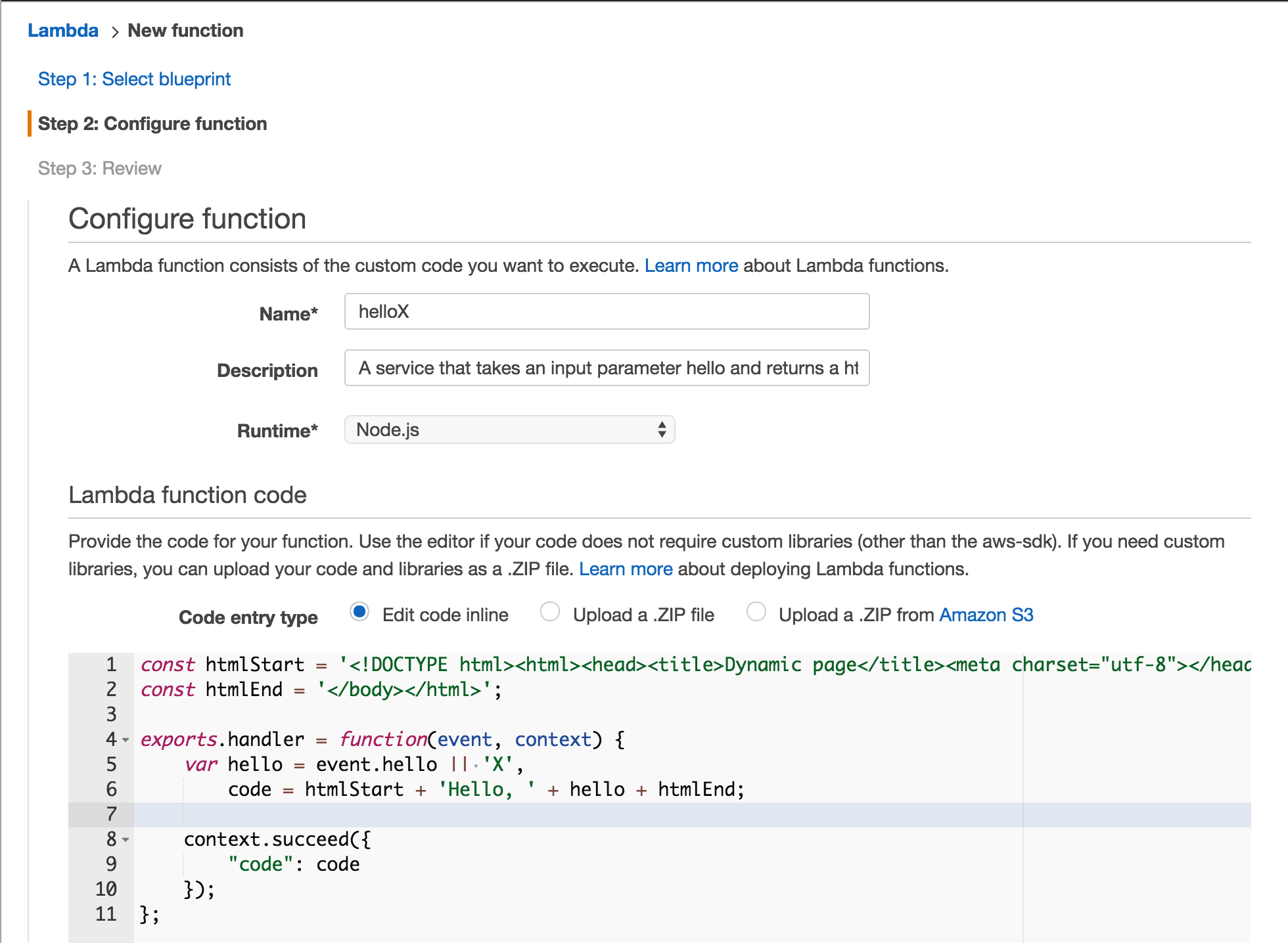 Configure lambda function